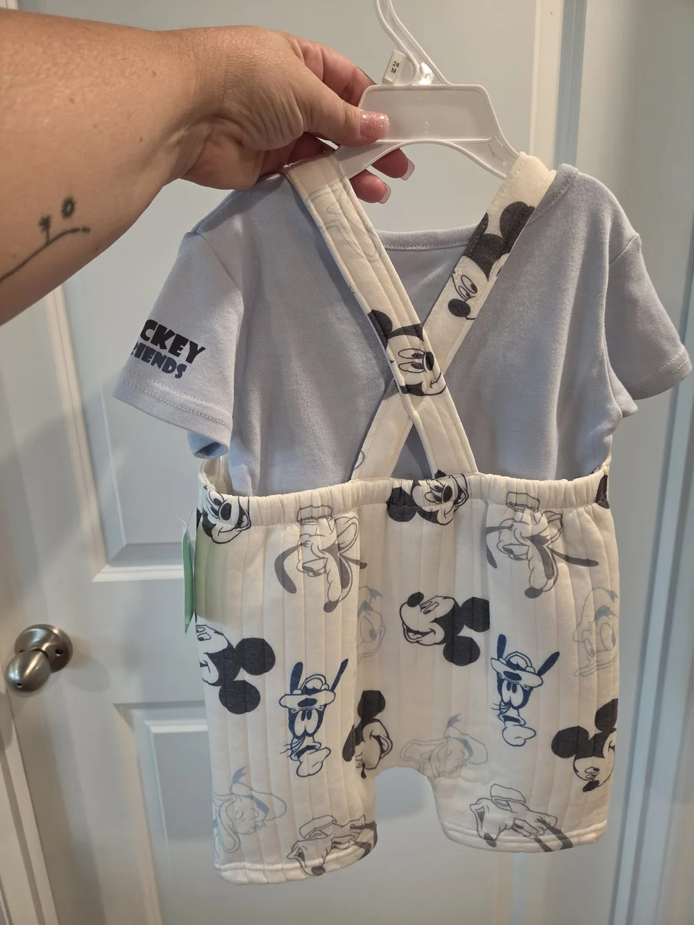 Disney Cream Quilted Mickey Overalls with Light Blue Tee Nwt 24m
